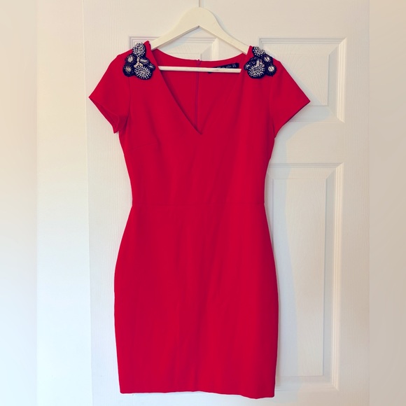 ZARA EMBELLISHED SHOULDER RED DRESS SIZE M - Picture 1 of 3